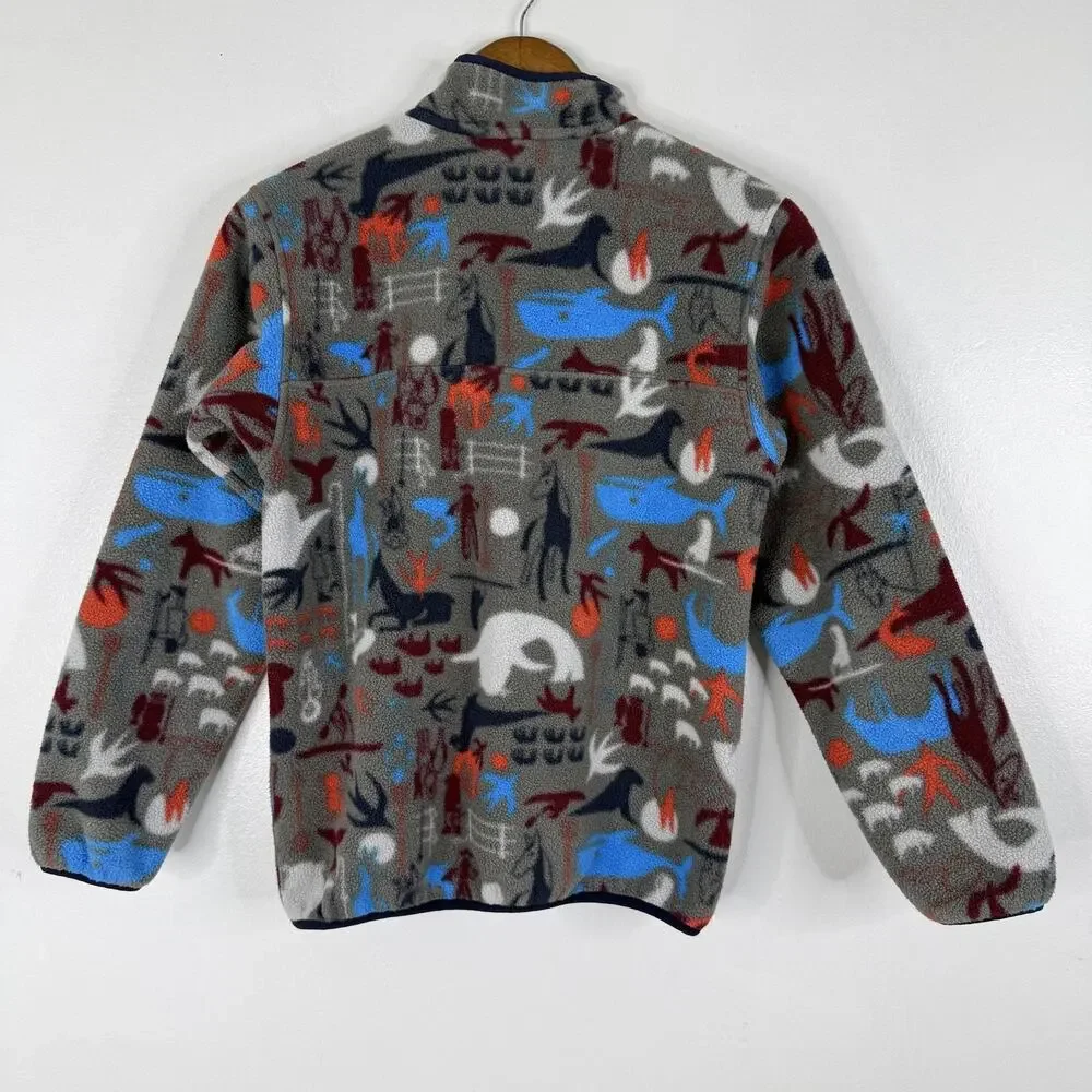 Patagonia Synchilla Jacket Boys XL 14 Animal Print Gray Fleece Snap Pullover